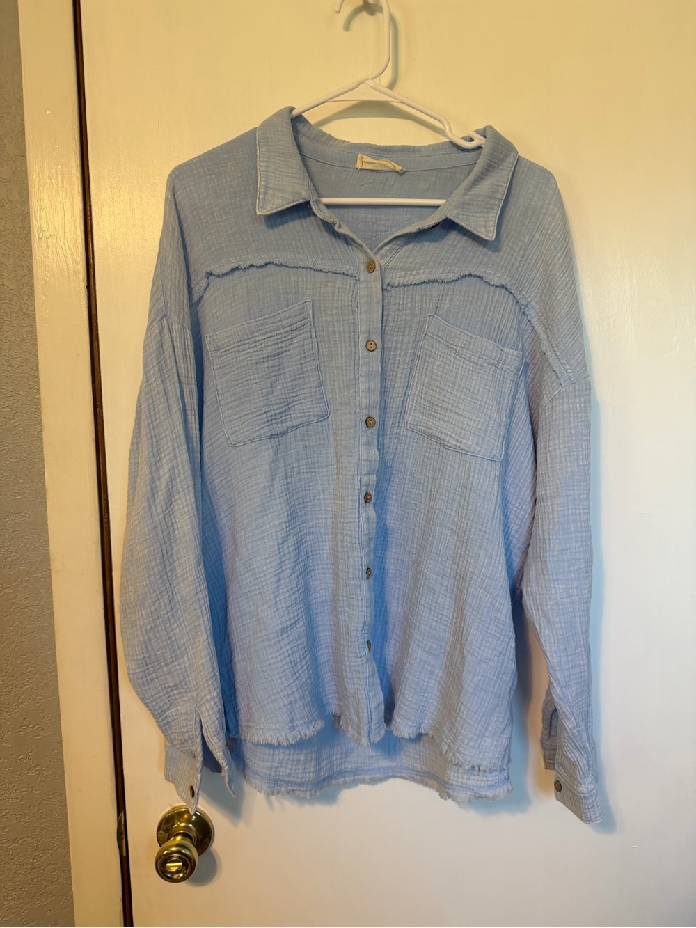 Relaxed Light Blue Button-Down Gauze Shirt with Patch Pockets